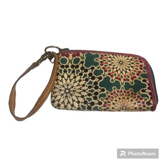 FOSSIL Key-Per Wristlet Coated Canvas Floral Multicolor Brown Leather Trim - Picture 2 of 5